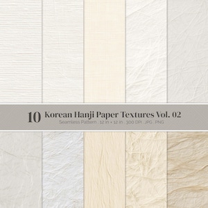 May include: A collection of 10 Korean Hanji paper textures featuring various white and beige fibrous patterns. The image includes text stating 10 Korean Hanji Paper Textures Vol. 02, Seamless Pattern, 12 in x 12 in, 300 DPI, JPG, PNG.