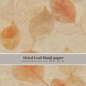 May include: A seamless pattern of dried leaves embedded in textured, off-white Hanji paper. The leaves are translucent with visible veins in shades of orange and tan. The image includes the text: Dried Leaf Hanji paper Seamless Pattern 12 in x 12 in 300 DPI JPG PNG.