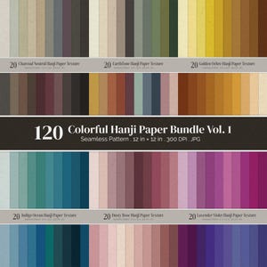 Può includere: Una collezione digitale intitolata 120 Colorful Hanji Paper Bundle Vol. 1, con motivi senza cuciture in varie tonalità. Ogni file JPG da 30,48 cm x 30,48 cm, 300 DPI, mostra una superficie di carta testurizzata in carbone, toni terra, ocra, indaco, rosa e viola.