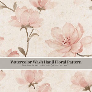 Op de afbeelding: Een naadloos digitaal patroon met zachtroze aquarelbloemen op een getextureerde beige achtergrond. Het ontwerp bevat de tekst Watercolor Wash Hanji Floral Pattern, Seamless Pattern, 30,48 cm x 30,48 cm, 300 DPI, JPG, PNG.