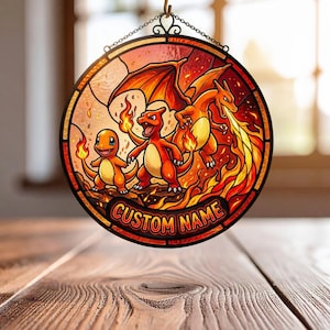 Custom P0kemon Stained Glass Suncatcher,Charmander Charmeleon Charizard Decor, Personalized Fire Type Evolution Art, P0kemon Gift for Fans