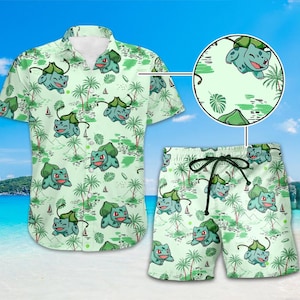 Bulbasaur Hawaiian Shirt, Tropical Vibes P0kemon Shirt, Grass Type Hawaiian Shirt Starter Gen 1 Tropical Saur Anime Summer Style Gift