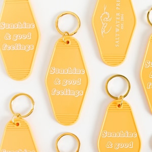 Sunshine and Good Feelings Motel Key Tag | Motel Keychain | Vintage Style Key Tag | Hotel Key Tag | Motel Keychain Yellow | Retro Keychain