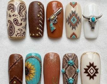 Uñas postizas de vaquero del oeste, textura de cuero 3D, revólver, calavera de toro, manicura azteca