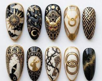 Celestial Witchy Press On Nails, Zodiac Moon Gold Art, Gothic Anime Hand Painted