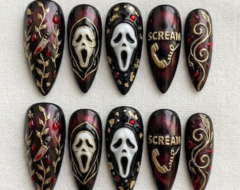 Ręcznie robione paznokcie Scream Ghost Press On, żelowe ozdoby 3D do telefonu, czarne, czerwone i złote akryle, manicure w stylu filmowym