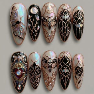 Gothic Moth Stained Glass Press On Nails, Rose Gold Filigree Celestial Art image 1
