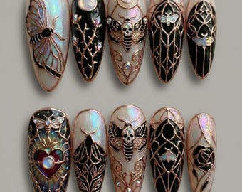 Gothic Moth Stained Glass Press On Nails, Rose Gold Filigree Celestial Art