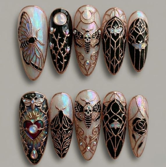 Gothic Moth Stained Glass Press On Nails, Rose Gold Filigree Celestial Art
