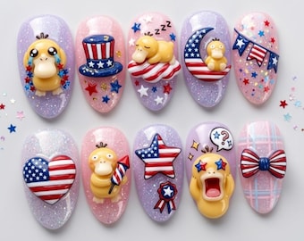 Patriotic Psyduck 3D Press On Nails, 4th of July Art, Red White Blue Almond Shape