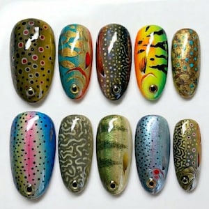 Realistic Fish Skin Press On Nails, Hyper-Detailed Trout & Bass Art, Fly Fishing Inspired Custom
