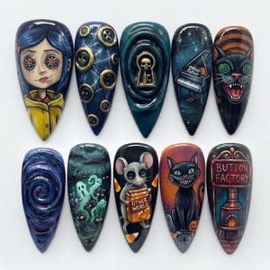 May include: A set of ten almond-shaped press-on nails featuring detailed hand-painted illustrations inspired by Coraline. Designs include a character with button eyes, a button-covered pattern, a keyhole with a skull, a piano, a cat, a swirl, ghosts, a mouse holding an Other World box, a black cat, and a Button Factory sign.