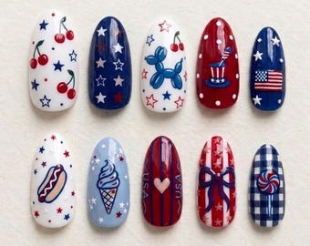 Handmade 4th of July Press On Nails, 3D Cute Balloon Dog Custom Fake Nails, Red White Blue Summer Picnic Design, Kawaii Americana Nail Art
