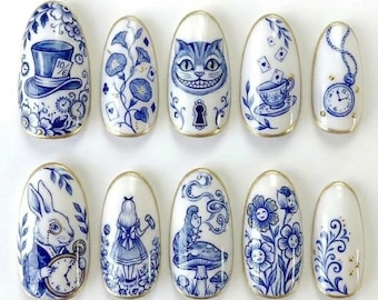 Handmade Alice in Wonderland Press On Nails, Blue White Porcelain Custom Fake Nails, Vintage Whimsical Cheshire Cat Luxury Storybook Art
