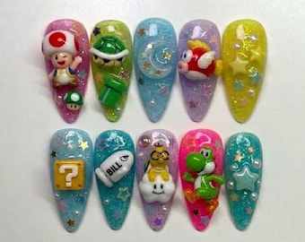 Presse sur les ongles Super Mario Bros, breloques Lakitu crapaud Yoshi 3D, talons aiguilles scintillants kawaii