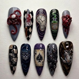May include: A set of ten long, almond-shaped acrylic nails with intricate, themed designs. The designs include a melting clock, a bloody knife, a Cheshire Cat, and a playing card. Colors include gray, black, purple, and red.