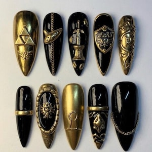 The Legend of Zelda Press On Nails, 3D Triforce Master Sword, Antique Gold Stiletto Set image 1