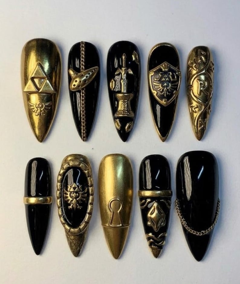 The Legend of Zelda Press On Nails, 3D Triforce Master Sword, Antique Gold Stiletto Set image 1