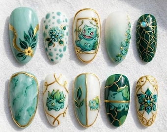 Bulbasaur Botanical Press On Nails, Sage Green Gold Filigree Art, Hand-Painted Flower, Almond Shape