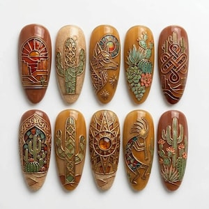 Southwestern Desert 3D Coyote Press On Nails, Kokopelli Cactus Stained Glass Art, Boho Native Spirit, Almond Shape