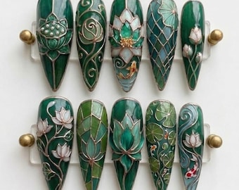 Emerald Jade Stained Glass Lotus Press On Nails, Koi Fish Art, Long Stiletto Shape