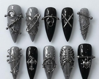 Mythological Creature 3D Press On Nails, Cat Wolf Dragon Mermaid Art, Jewel Tone Gold Filigree Custom