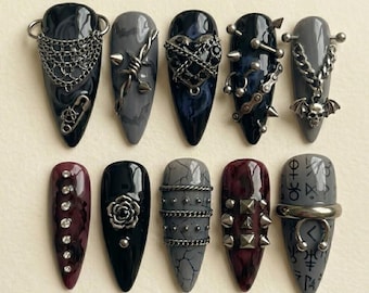 Gothic Hardcore Piercing Press On Nails, Chains Spikes Barbed Wire Art, Grunge Dark Aesthetic Custom
