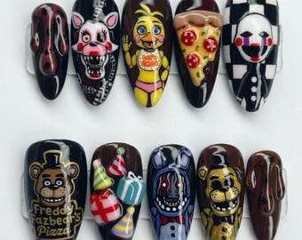 Handgefertigte Five Nights-Nagelprothesen, 3D-Gel-Bär- und Pizza-Motive, Maniküre im Videospiel-Stil