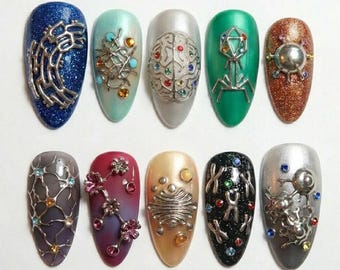 3D Chrome Press On Nails, Bio-Lab Science Art, Almond Shape Custom
