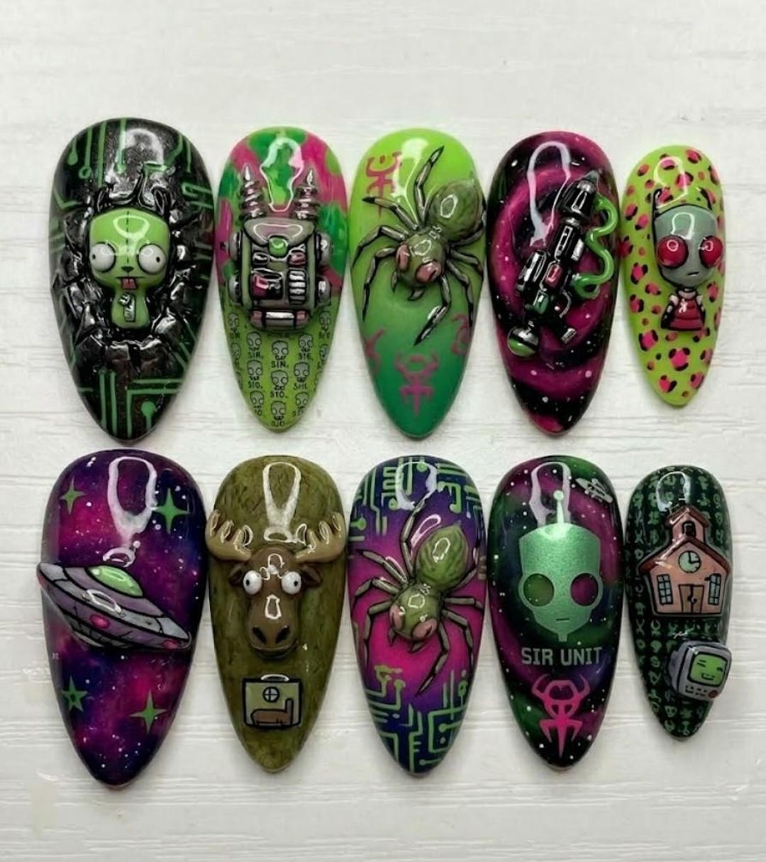 Invader Zim Press on Nails, 3D GIR Alien Character Art, Neon Sci-fi Gel ...