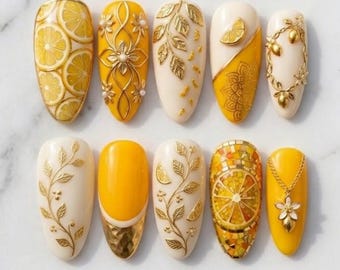 Ręcznie robione paznokcie z sorbetem cytrynowym, trójwymiarowa sztuka kwiatowa z płatków złota, żółty żel mozaikowy