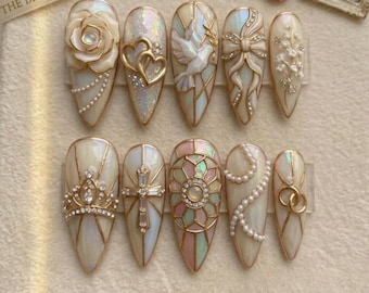 Bridal Press On Nails, Stained Glass Cathedral Art, Pearl White Gold Manicure