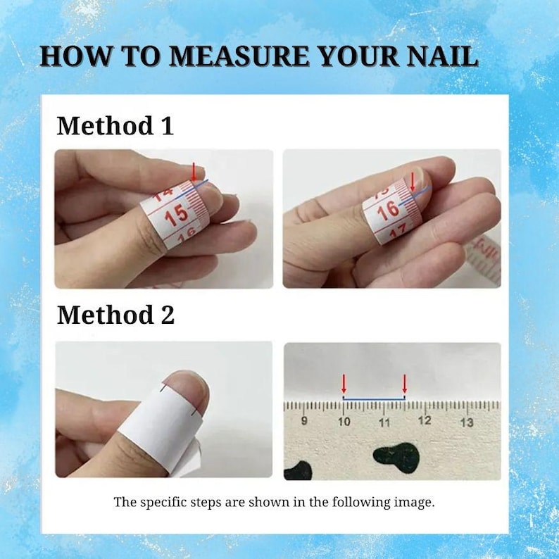 Pode incluir: Imagem mostrando dois m&eacute;todos para medir as unhas. O m&eacute;todo 1 usa uma fita m&eacute;trica, o m&eacute;todo 2 um guia de papel e uma r&eacute;gua. O texto diz "HOW TO MEASURE YOUR NAIL".