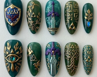 Legend of Zelda 3D Press On Nails, Master Sword, Hylian Shield, Triforce Art