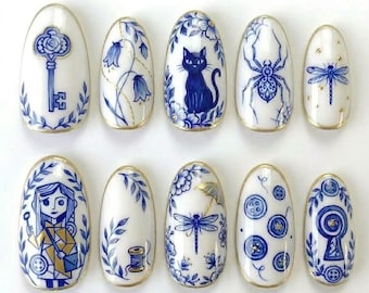 Handmade Coraline Press On Nails, Blue White Porcelain Custom Fake Nails, Vintage Whimsical Black Cat Button Luxury Horror Storybook Art