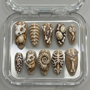 May include: A set of ten press-on nails in a clear plastic case, featuring 3D sculpted designs in shades of beige and brown. The nails display motifs including a cartoon creature, a spinal column, tied bones, cracked eggs, a fossil, and a rib cage.