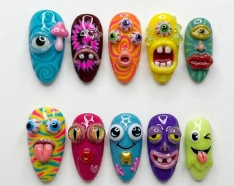 Uñas postizas de monstruo psicodélico neón, arte de boca con ojos alienígenas alucinantes