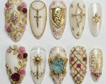 Handmade Medieval Knight Press On Nails, 3D Gold Lion Shield, Rose Garden Gel Art