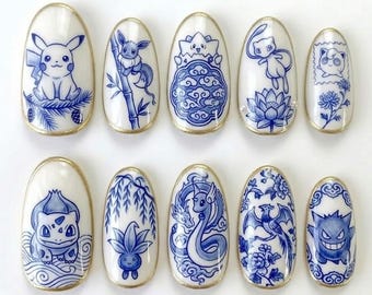 Pokemon Blue and White Porcelain Press On Nails, Hand Painted Pikachu Mew Eevee Gengar, Traditional Asian Art