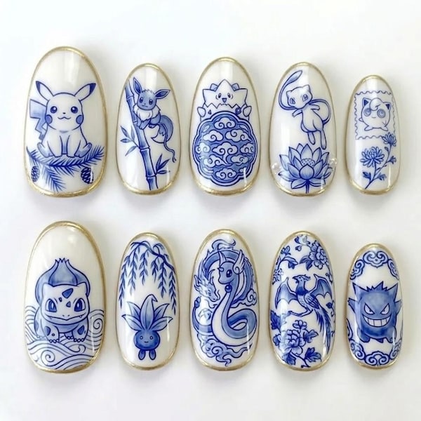 Pokemon Blue and White Porcelain Press On Nails, Hand Painted Pikachu Mew Eevee Gengar, Traditional Asian Art