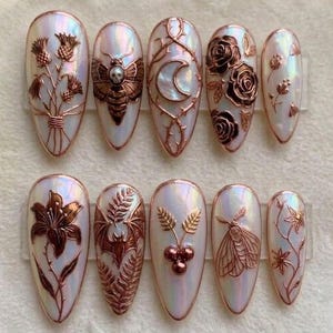 Gothic Moth Press On Nails, 3D Antique Gold Relief, Rose Charms, Emerald Cat Eye Nails