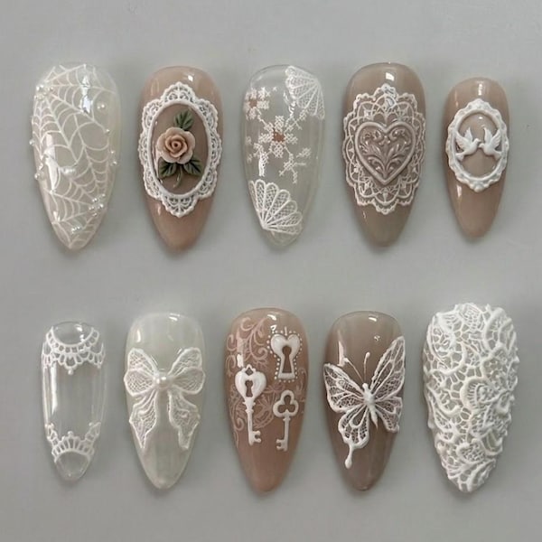 Uñas postizas victorianas de encaje hechas a mano, diseño de mariposa rosa en 3D, uñas postizas Coquette