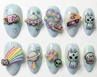 Nyan Cat Alien Press On Nails, 3D Pixel UFO Rainbow Galaxy Charms, Kawaii Pastel