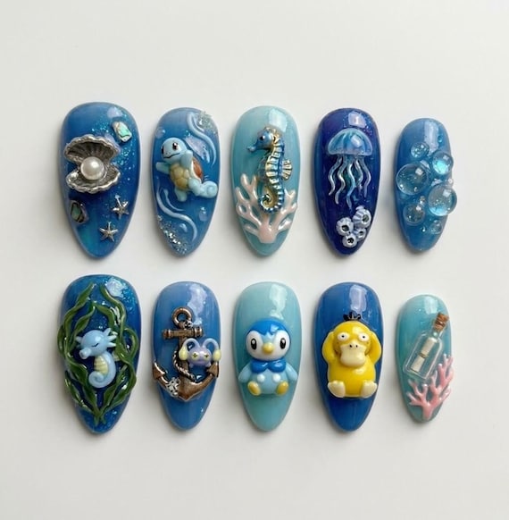 Handmade Water Pokemon Press On Nails, 3D Squirtle & Piplup Ocean Art, Kawaii Blue Sea Life Custom Gel Nails, Horsea