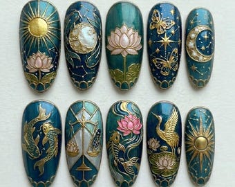 Uñas postizas Celestial Lotus Koi, esmalte dorado Zen Art, lujo místico, ovaladas largas