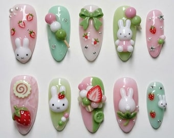 Miffy Inspired Press On Nails, Kawaii Dango Strawberry Rabbit Fake Nails