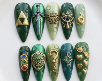 Legend of Zelda Press On Nails, 3D Master Sword Triforce Shield Art, Gaming Manicure