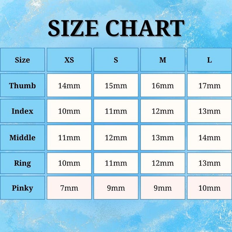 Pode incluir: Uma tabela de tamanhos com o texto "SIZE CHART" no topo. A tabela tem linhas para o polegar, indicador, m&eacute;dio, anelar e mindinho, com tamanhos XS, S, M e L. As medidas s&atilde;o em mil&iacute;metros, variando de 7 mm a 17 mm.