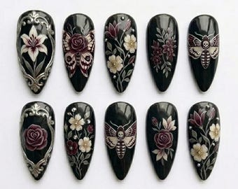 Handmade Vintage Moth and Flower Press On Nails, 3D Silver Frame Gothic Art, Dark Aesthetic Floral False Nails