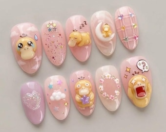 Psyduck 3D presse sur les ongles, art lune étoile nuage rose kawaii, ongles anime personnalisés